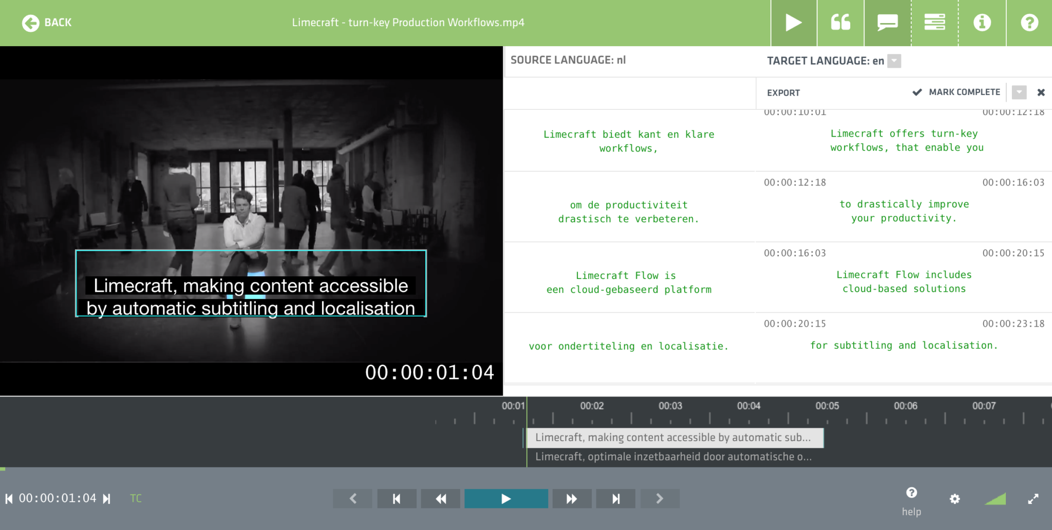 Screenshot of Limecraft Flow used for localisation of content by adding translated subtitles