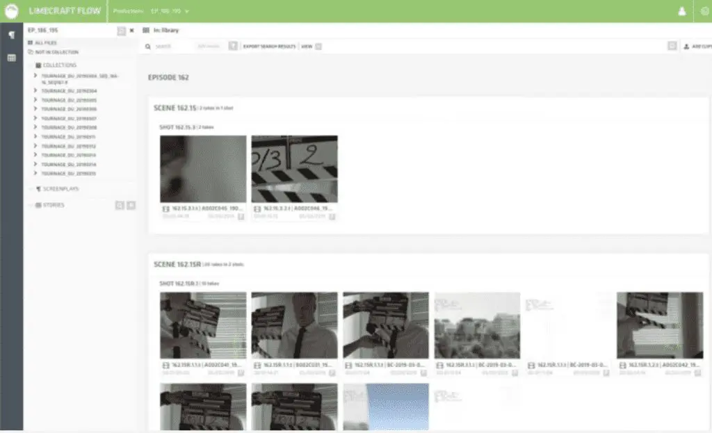 Screenshot of Limecraft used for 'Un si grand soleil', a France Télévisions production. Using Limecraft, shots are automatically cut into scenes.
