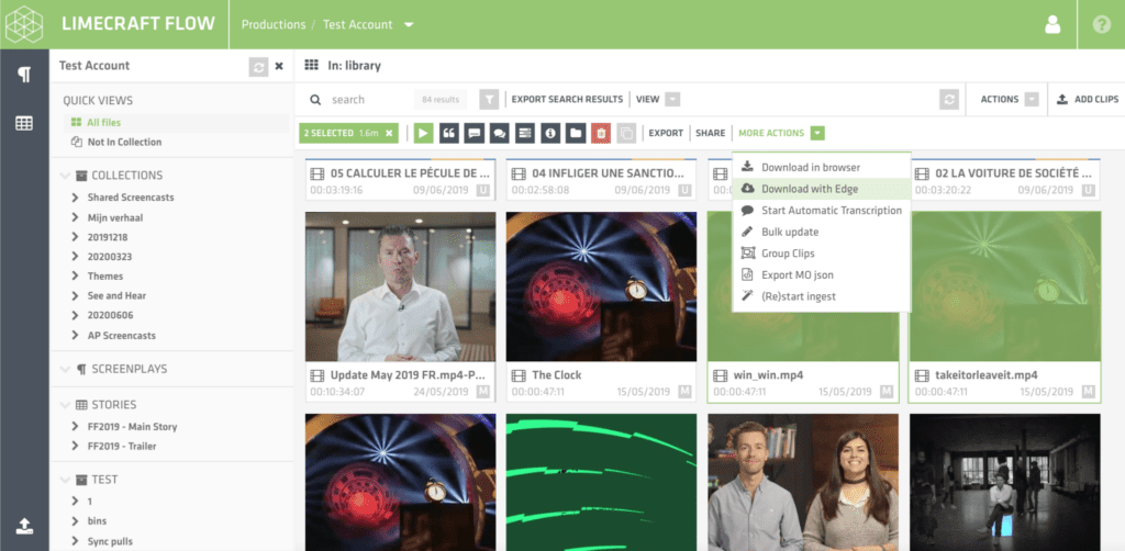 Limecraft screenshot illustrating how you can drive Limecraft Edge from within your production workspace to download media in bulk