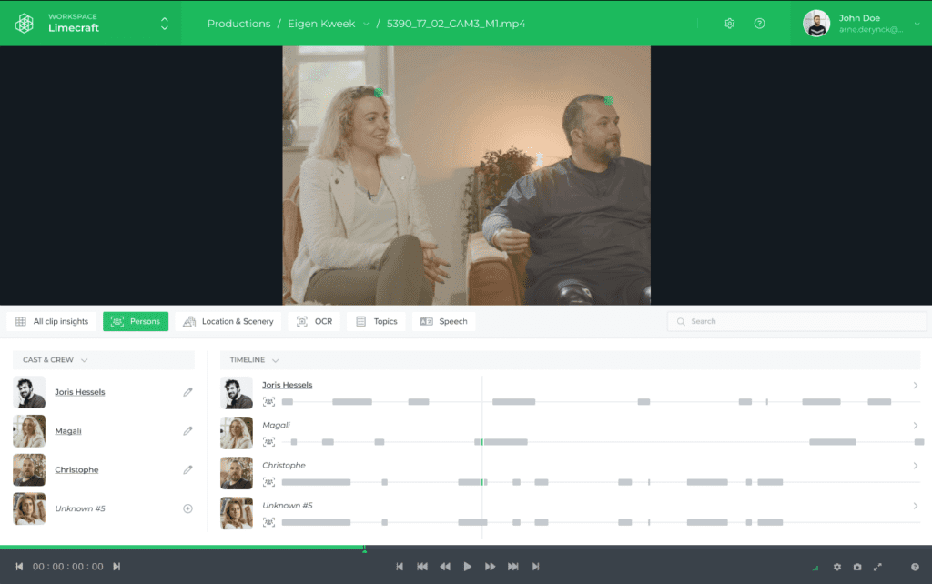 Screenshot of Limecraft 'Media Intelligence', showing the different aspects of image recognition and automatic speech recognition on a single timeline.