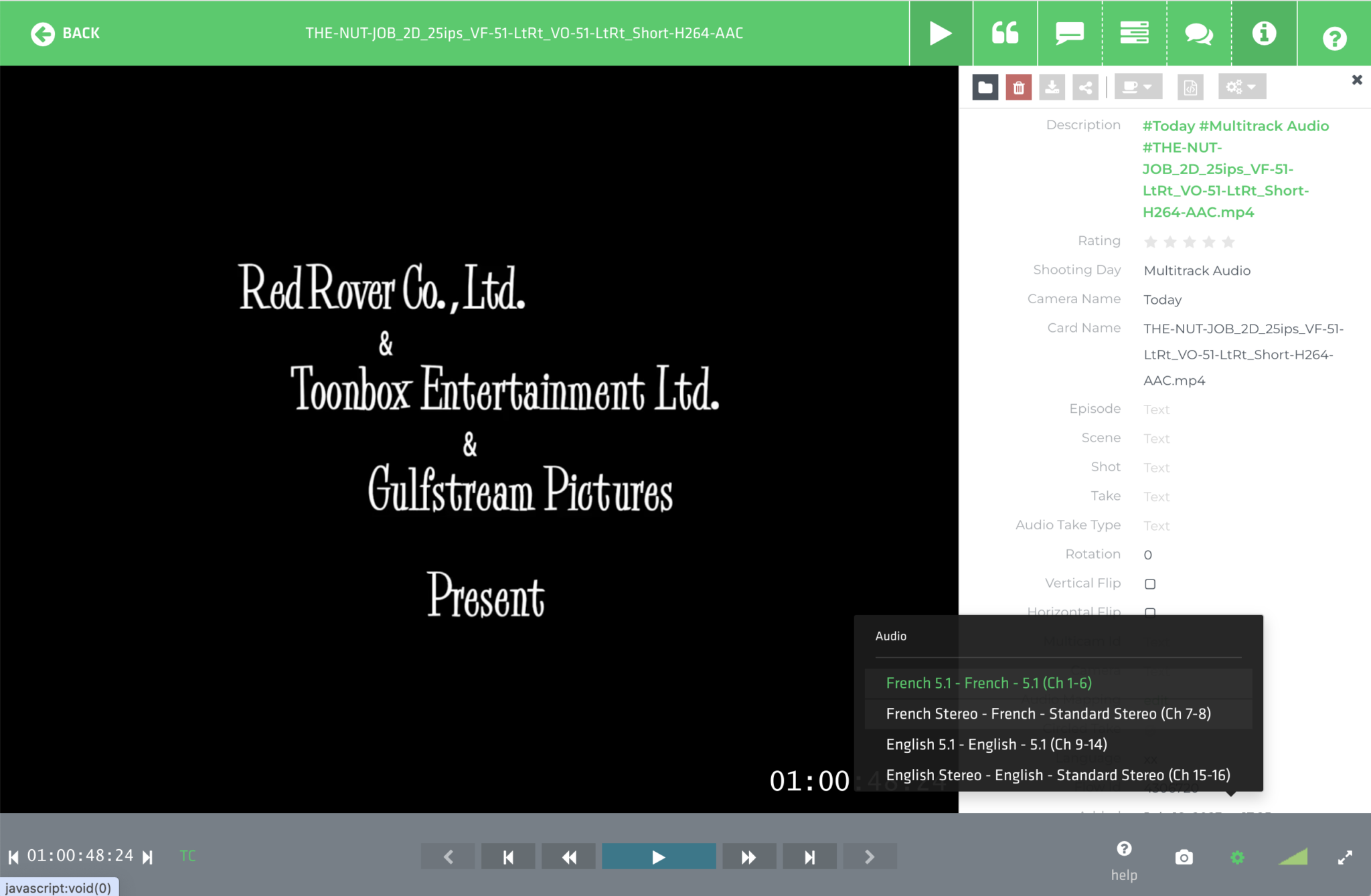 An example of a video production containing multiple channels of audio for different languages and audio formats. 