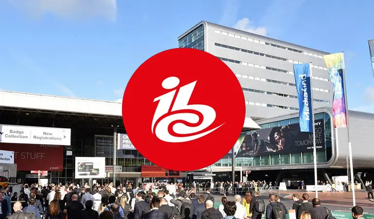 Establishing shot of IBC in Amsterdam, with the IBC logo on top