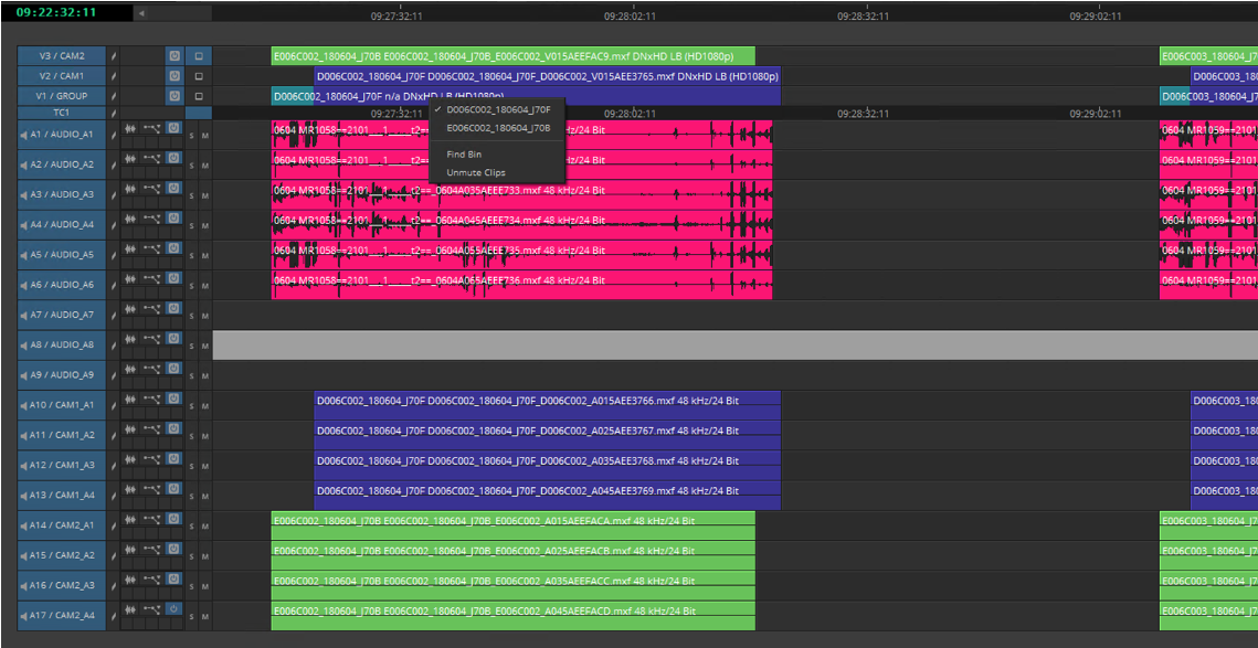 Avid timeline based on an export of an AAF file from Limecraft including multicam grouping and time-code based audio sequencing