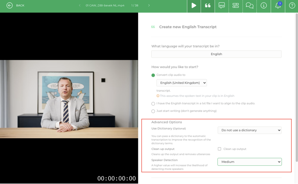 Limecraft screenshot illustrating advanced settings for transcription including disfluency filtering