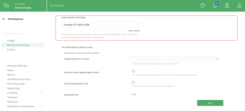 Limecraft screenshot illustrating how to set the Subscription Expiry Date as part of the Account Settings