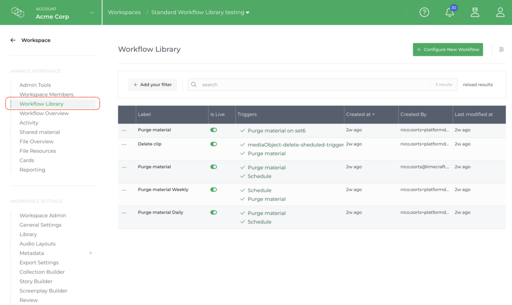 Limecraft screenshot illustrating the Workflow Library in Workspace Settings, where administrators configure automated media purging workflows, schedules and triggers.