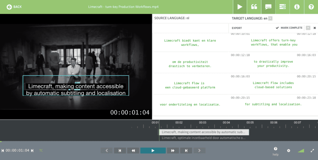 Screenshot of Limecraft for subtitling and localisation, using machine translation to automate the translation of subtitles