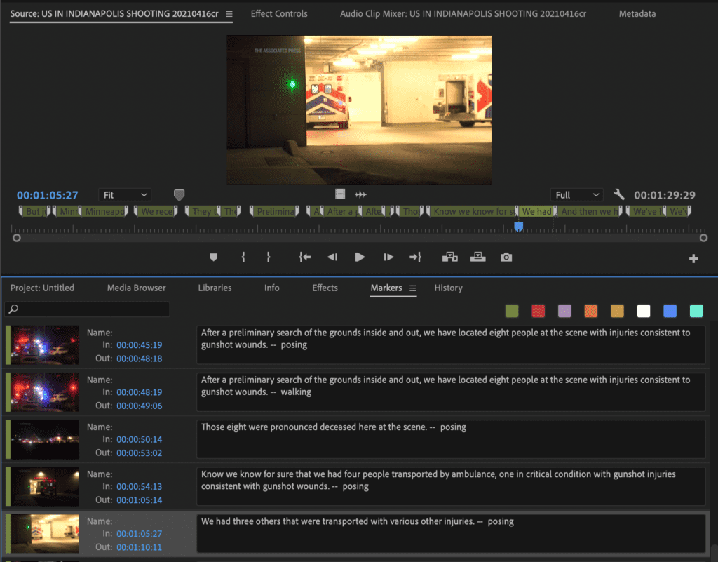 Upon export of a collection to Adobe Premiere from Limecraft, the annotations and transcript fragments are displayed on the timeline of the editor