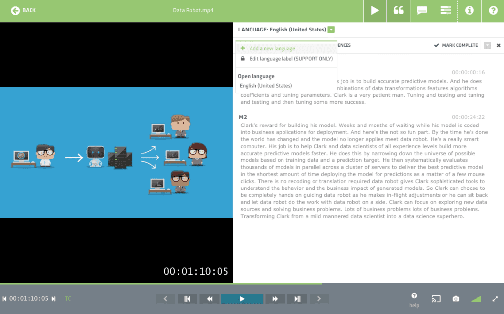 The audio transcription application in Limecraft allows you to translate transcripts