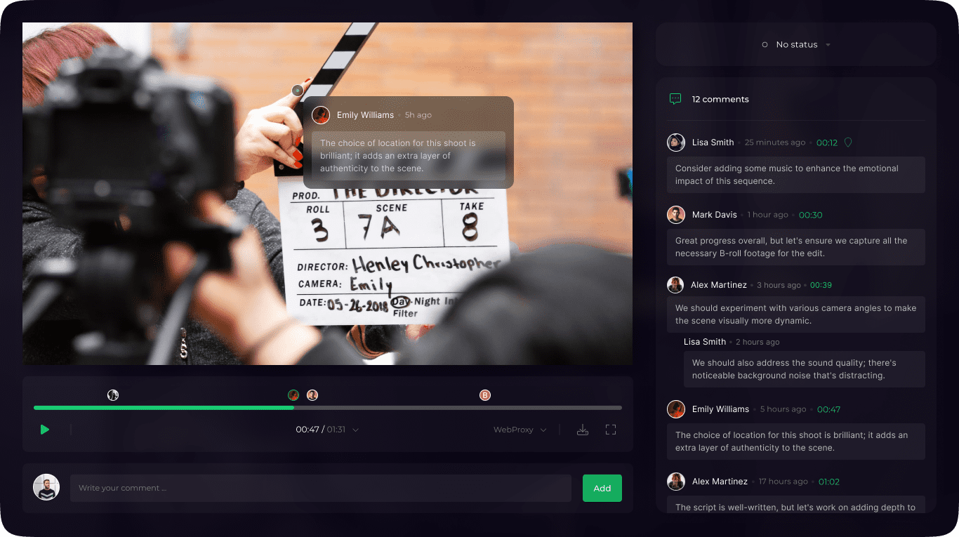 Screenshot illustrating real-time sharing and collaboration using Limecraft. Team members connect online, to comment, approve, upload and download video clips in the form or raw material, semi-finished edits, or finished products.