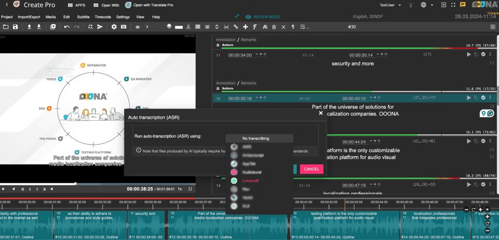 Screenshot illustrating how Ooona tools integrate Limecraft AI subtitling