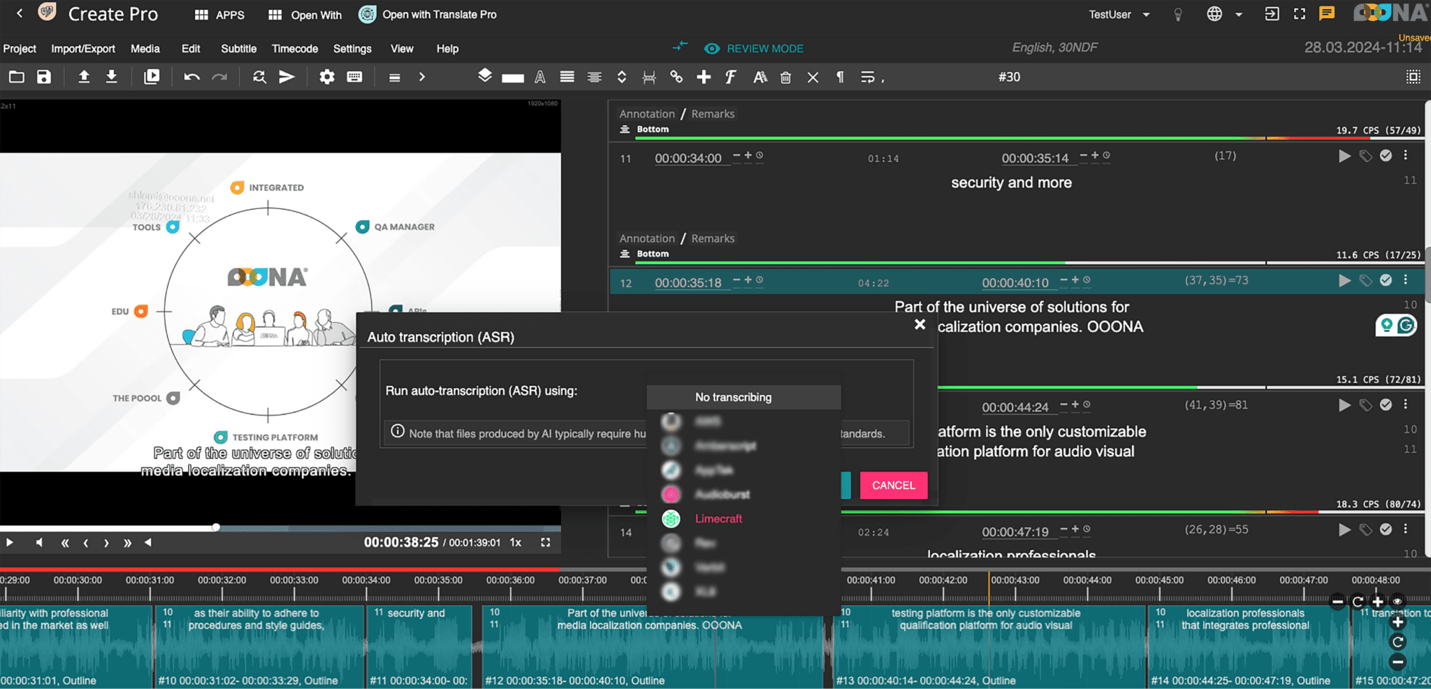 A screenshot of the OOONA UI showing how users can generate AI-based subtitles from transcripts with Limecraft in one single button press